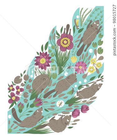 Vector ornate background with cute woodland animals, leaves, flowers, insects. Funny forest scene with beavers. Bright flat vertical illustration for children. Picture book, hide and seek activity 98015727