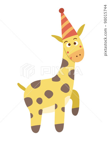 Vector cute giraffe in birthday hat. Funny b-day animal for card, poster, print design. Bright holiday illustration for kids. Cheerful celebration character icon isolated on white background. 98015744