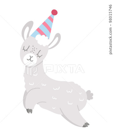 Vector cute llama in birthday hat. Funny b-day animal for card, poster, print design. Bright holiday illustration for kids. Cheerful celebration character icon isolated on white background. 98015746