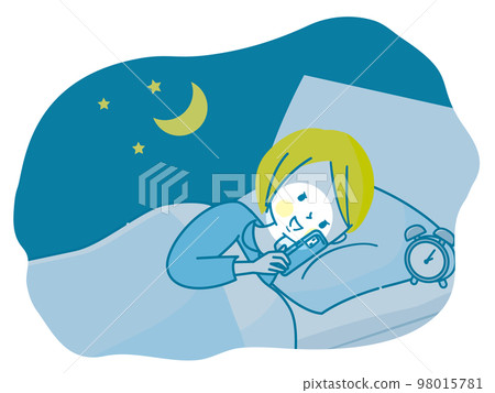 Illustration of a woman looking at a smartphone in bed at night 98015781