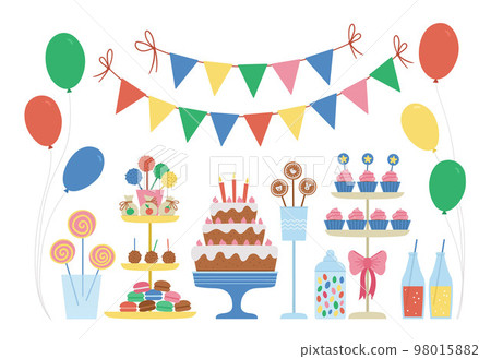 Vector candy bar. Cute bright birthday meal with cake, candles, cupcakes, cake pops, jelly beans, flags. Funny dessert illustration for card, poster, print design. Bright holiday concept for kids. Vector candy bar. Cute bright birthday meal with cake, candles, cupcakes, cake pops, jelly beans, flags. Funny dessert illustration for card, poster, print design. Bright holiday concept for kids. 98015882