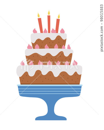 Vector birthday cake with candles. Cute funny b-day dessert illustration for card, poster, print design. Bright holiday concept for kids isolated on white background. Vector birthday cake with candles. Cute funny b-day dessert illustration for card, poster, print design. Bright holiday concept for kids isolated on white background. 98015883