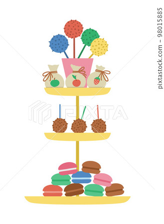 Vector birthday desserts on layered stand. Cute funny celebration treat illustration for card, poster, print design. Bright holiday concept for kids with cake pops, macaroons, fruit. 98015885