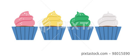 Vector birthday desserts. Cute funny celebration cupcakes illustration for card, poster, print design. Bright holiday concept for kids with many colored muffins. 98015890
