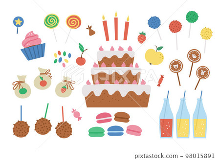 Vector birthday desserts set. Cute b-day clipart pack with cake, candles, cupcakes, cake pops, jelly beans. Funny sweets illustration for card, poster, print design. Bright holiday concept for kids. 98015891