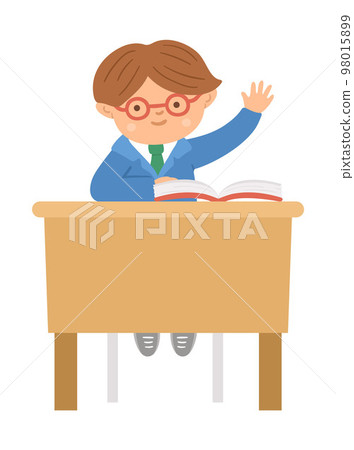 Vector cute happy schoolboy sitting at the desk with hand up. Elementary school classroom illustration. Clever kid in glasses at the lesson. Boy ready to answer teacher question on white 98015899