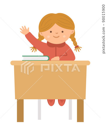 Vector cute happy schoolgirl sitting at the desk with hand up. Elementary school classroom illustration. Clever kid in glasses at the lesson. Girl ready to answer teacher question on white 98015900