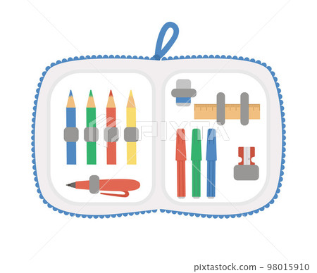 Vector opened pencil case with stationery. Back to school educational clipart. Cute flat style supplies and writing materials. Box with colored pencils, felt pens, pen, sharpener, ruler. 98015910