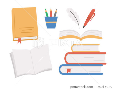 Vector books set. Back to school educational clipart. Cute flat style illustration with opened notebooks, book stacks, pencils pen, feather. Learning or education concept 98015929
