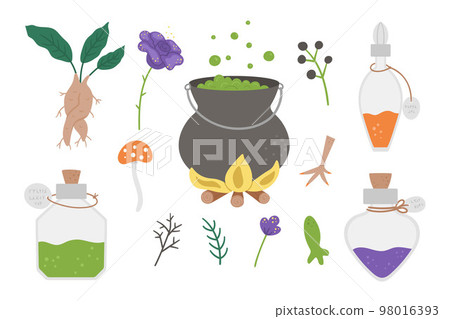 Set of cute vector witchcraft elements. Magic potion making objects. Halloween icons collection. Funny autumn all saints eve illustration with cauldron, herbs, bottles. Samhain party design for kids. 98016393