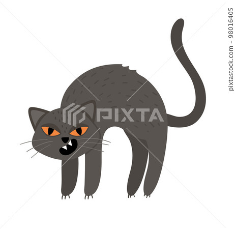 Cute vector black cat with arched spine and orange eyes. Halloween character icon. Funny autumn all saints eve illustration with scary animal. Samhain party sign design for kids. 98016405