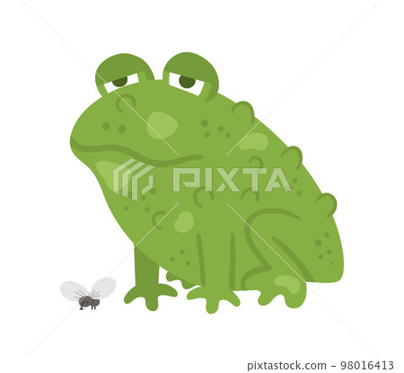 Cute vector sitting green toad with fly. Halloween character icon. Autumn all saints eve illustration with scary animal. Samhain party sign design for kids. Cute vector sitting green toad with fly. Halloween character icon. Autumn all saints eve illustration with scary animal. Samhain party sign design for kids. 98016413