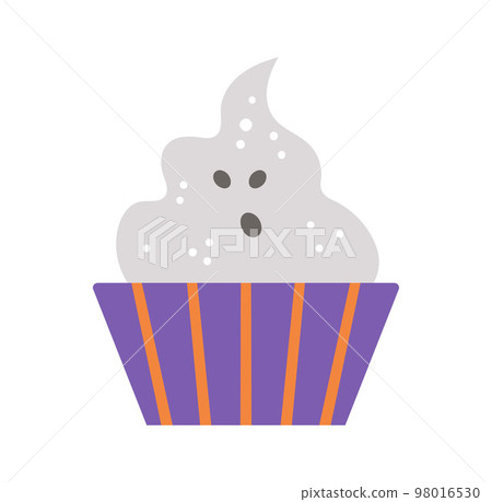 Vector sweet for trick or treat game. Scary ghost like cupcake. Traditional Halloween party food. Monster shaped dessert isolated on white background. Autumn holiday design 98016530