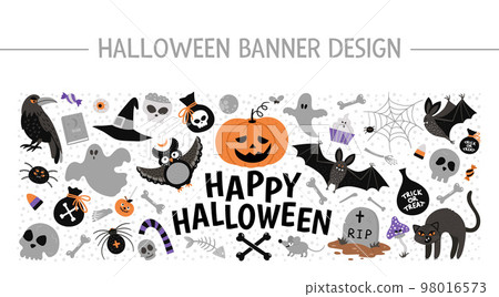 Vector horizontal layout frame with Halloween elements. Traditional Samhain party clipart set. Scary design for web banners, posters, invitations. Cute Autumn holiday card template. 98016573