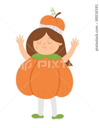 Girl dressed like a pumpkin. Cute vector Halloween kid character. Child in jack-o-lantern costume. Funny autumn all saints eve illustration. Samhain dress party design. Girl dressed like a pumpkin. Cute vector Halloween kid character. Child in jack-o-lantern costume. Funny autumn all saints eve illustration. Samhain dress party design. 98016591