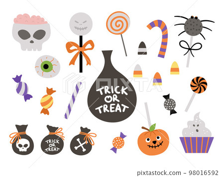 Set of vector sweets for trick or treat game. Traditional Halloween party food. Scary lollypops, caramel, candy sticks collection. Spider, ghost, skull shaped desserts pack. Autumn holiday design Set of vector sweets for trick or treat game. Traditional Halloween party food. Scary lollypops, caramel, candy sticks collection. Spider, ghost, skull shaped desserts pack. Autumn holiday design 98016592