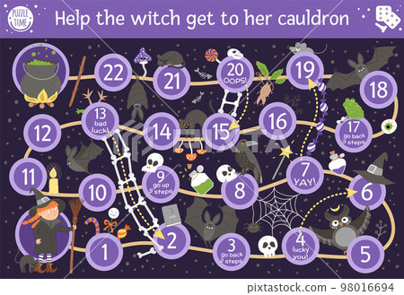 Halloween board game for children with cute witch and scary animals. Educational boardgame with bat, broom, black cat, spider. Help the witch get to her cauldron. Funny printable activity. 98016694