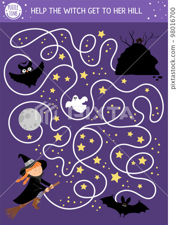 Halloween maze for children. Autumn preschool printable educational activity. Funny day of the dead game or puzzle with spooky scene, night sky and stars. Help the witch get to her hill 98016700
