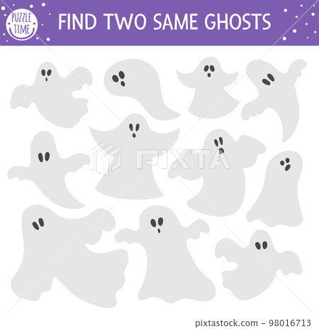 Find two same ghosts. Halloween matching activity for children. Funny educational autumn logical quiz worksheet for kids. Simple printable game with scary spooks Find two same ghosts. Halloween matching activity for children. Funny educational autumn logical quiz worksheet for kids. Simple printable game with scary spooks 98016713