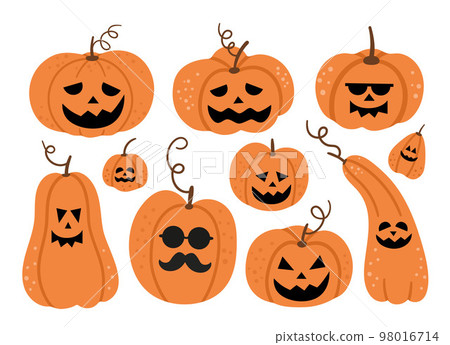 Set of vector jack-o-lanterns. Halloween party illustration with funny pumpkin lanterns. Scary design for Autumn Samhain party. All saints day elements collection. Set of vector jack-o-lanterns. Halloween party illustration with funny pumpkin lanterns. Scary design for Autumn Samhain party. All saints day elements collection. 98016714