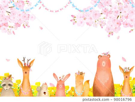 Forest animals and rape blossoms under the cherry tree_Spring Scandinavian cute frame illustration vector material 98016796