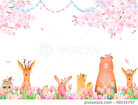 Forest animals under the cherry tree in full bloom Tulips and spring Scandinavian cute frame illustration vector material 98016797