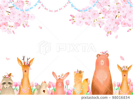 Forest animals under the cherry tree in full bloom Tulips and spring Scandinavian cute frame illustration vector material 98016834