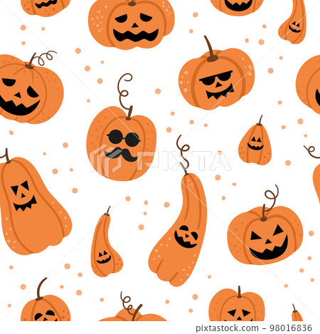 Vector seamless pattern with jack-o-lanterns. Halloween party background with funny pumpkin lanterns. Scary digital paper for Autumn Samhain party. All saints day texture. 98016836
