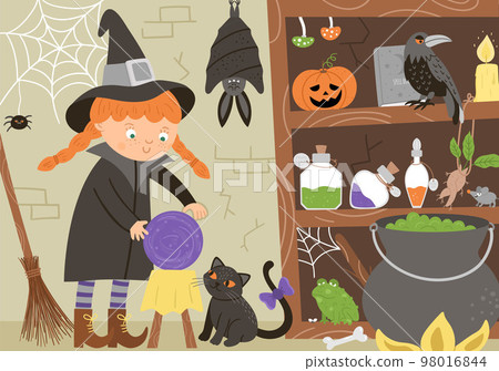 Vector witch nook interior illustration. Halloween background with black cat, bat, spider. Spooky scene with scary animals, potion ingredients. Scary Samhain party invitation or card design. Vector witch nook interior illustration. Halloween background with black cat, bat, spider. Spooky scene with scary animals, potion ingredients. Scary Samhain party invitation or card design. 98016844