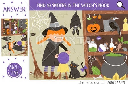 Vector Halloween searching game with cute witch and potion ingredients. Find hidden spiders in the witch nook. Simple fun educational autumn printable activity for kids Vector Halloween searching game with cute witch and potion ingredients. Find hidden spiders in the witch nook. Simple fun educational autumn printable activity for kids 98016845