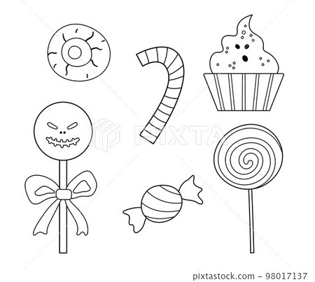 Set of vector black and white sweets for trick or treat game. Traditional Halloween party food. Scary lollypops, caramel, candy sticks collection. Ghost, skull shaped desserts pack. Set of vector black and white sweets for trick or treat game. Traditional Halloween party food. Scary lollypops, caramel, candy sticks collection. Ghost, skull shaped desserts pack. 98017137