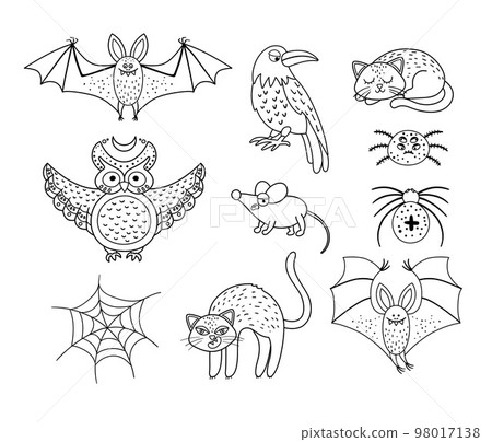Set of vector black and white scary creatures. Halloween characters icons collection. Cute autumn all saints eve illustration with bat, raven, cat, owl. Samhain party coloring page. Set of vector black and white scary creatures. Halloween characters icons collection. Cute autumn all saints eve illustration with bat, raven, cat, owl. Samhain party coloring page. 98017138