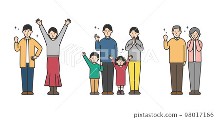 Young couple, couple and family with children and elderly couple, full-body illustration set happy with smile of three-generation family Young couple, couple and family with children and elderly couple, full-body illustration set happy with smile of three-generation family 98017166