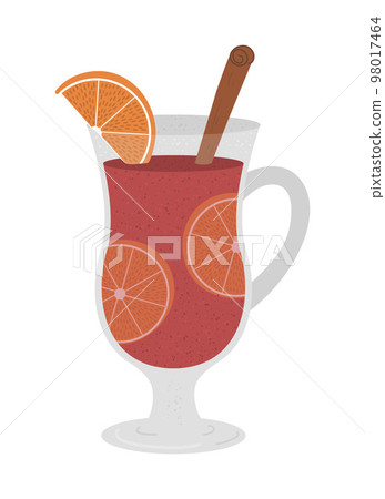 Vector glass with spiced mulled wine, orange slices and cinnamon. Winter traditional alcohol drink illustration. Holiday hot beverage icon isolated on white background. 98017464