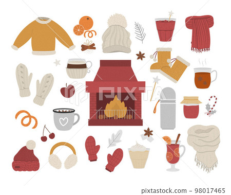 Vector cozy winter set with chimney and fire in the center. Warming objects illustration. Items for cold season. Food, drinks, spices and clothes to warm up isolated on white background. 98017465