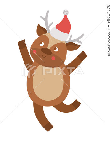 Vector deer in red hat. Cute winter animal illustration. Funny Christmas card design. New Year print with smiling character 98017578