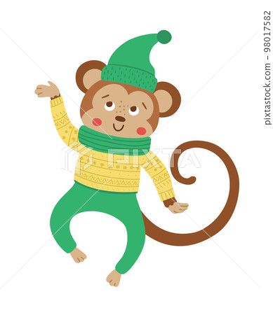 Vector jumping monkey in hat, scarf and sweater. Cute winter animal illustration. Funny Christmas card design. New Year print with smiling character Vector jumping monkey in hat, scarf and sweater. Cute winter animal illustration. Funny Christmas card design. New Year print with smiling character 98017582