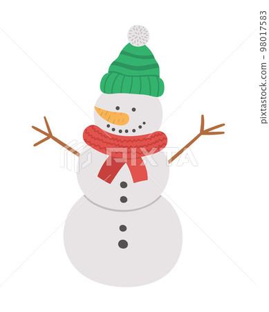Vector cute snowman in hat and scarf isolated on white background. Cute winter character illustration. Funny Christmas card design. New Year icon Vector cute snowman in hat and scarf isolated on white background. Cute winter character illustration. Funny Christmas card design. New Year icon 98017583