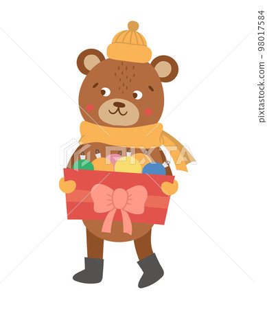 Vector bear in hat and scarf with box of Christmas balls. Cute winter animal illustration with decorations for fir tree. Funny Christmas card design. New Year print with smiling character Vector bear in hat and scarf with box of Christmas balls. Cute winter animal illustration with decorations for fir tree. Funny Christmas card design. New Year print with smiling character 98017584