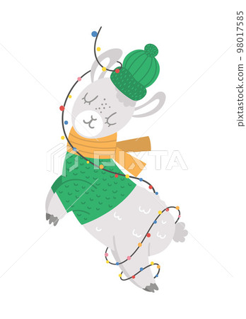Vector llama in green hat, scarf and sweater wrapped in a garland. Cute winter animal illustration. Funny Christmas card design. New Year print with smiling character Vector llama in green hat, scarf and sweater wrapped in a garland. Cute winter animal illustration. Funny Christmas card design. New Year print with smiling character 98017585