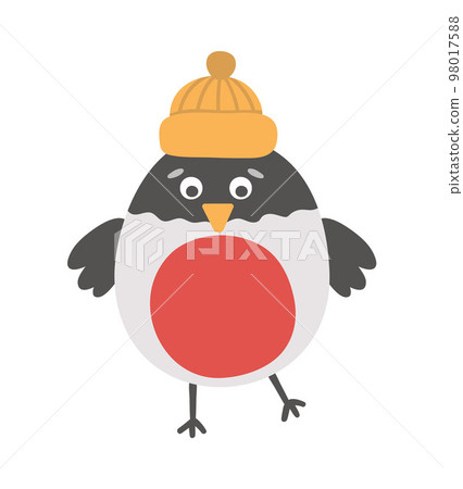 Vector bullfinch in orange hat. Cute winter bird illustration. Funny Christmas card design. New Year print with smiling character Vector bullfinch in orange hat. Cute winter bird illustration. Funny Christmas card design. New Year print with smiling character 98017588