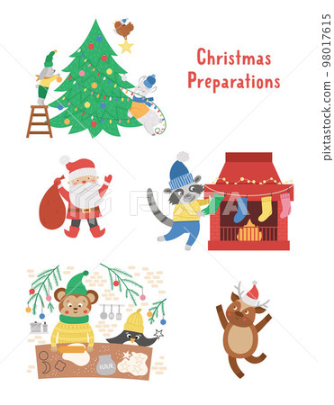 Set with cute Christmas preparation scenes. Animals decorating tree, baking cookies, hanging stockings on a fireplace. Winter illustration with smiling characters. Funny card design. New Year print 98017615