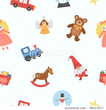 Cute seamless pattern with Christmas toys. Vector background with New Year gifts for kids. Digital paper with Santa Claus presents for children. Cute seamless pattern with Christmas toys. Vector background with New Year gifts for kids. Digital paper with Santa Claus presents for children. 98017617