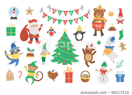 Vector set of Christmas elements with Santa Claus in red hat with sack, deer, fir tree, presents isolated on white background. Cute funny flat style illustration for decorations or new year design. 98017618