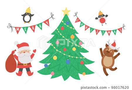 Cute Christmas scene with Santa Claus, Deer, fir tree birds and triangle flags. Winter illustration with animals. Funny card design. New Year print with smiling characters 98017620