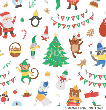 Vector seamless pattern with Christmas elements, Santa Claus in red hat with sack, deer, fir tree, presents. Cute funny flat style New Year repeating background. 98017621