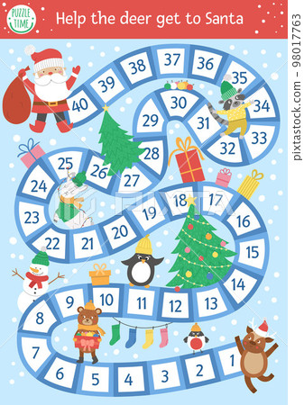 Christmas board game for children with cute animals and Santa Claus. Educational boardgame with fir tree, presents, decorations. Help the deer get to Santa. Funny winter printable activity. Christmas board game for children with cute animals and Santa Claus. Educational boardgame with fir tree, presents, decorations. Help the deer get to Santa. Funny winter printable activity. 98017763