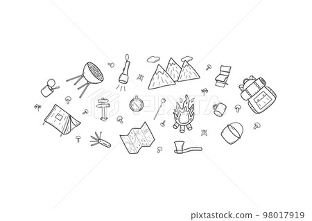 Camping doodle icons set. Vector illustration of hiking elements. Isolated on white sketch, hiking logo concept. 98017919