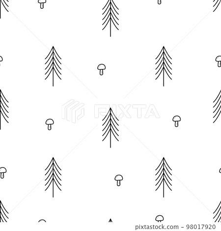 Seamless pattern of spruce and mushrooms, doodle vector sketch. Forest background wallpaper, wrapping paper. 98017920