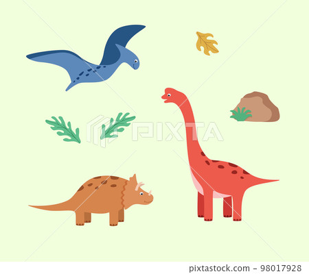 Cartoon set of funny dinosaurs. Vector illustration of cute dinosaur characters 98017928